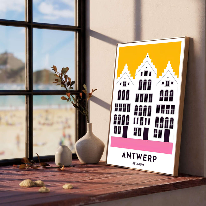 Detailed architectural wall art depicting historic guild house facades in Antwerp, Belgium, styled in high-contrast yellow, pink, white, and dark indigo tones. Offered by MapYourDreams, this artwork is available in flexible options including unframed paper, custom wooden frames, and gallery canvas wraps.