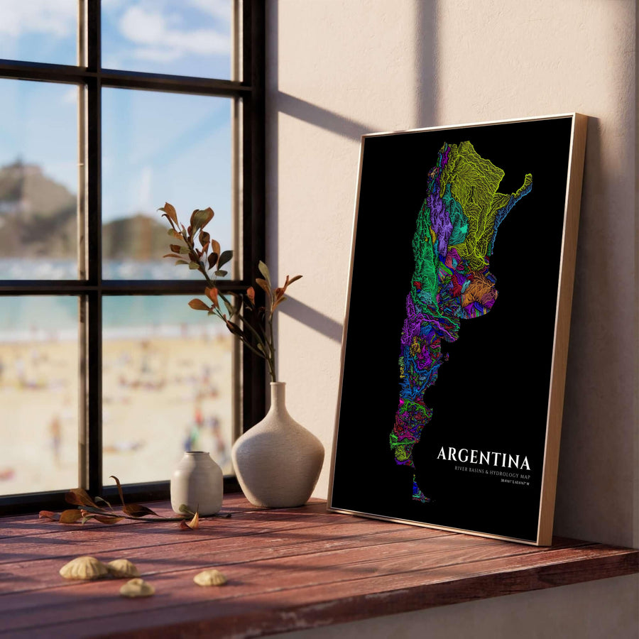 Colorful Argentina river network wall art displaying detailed drainage basins rendered in electric lime green, magenta, and turquoise. Presented by MapYourDreams, this piece comes in flexible choices such as unframed paper stock, handcrafted frames, and gallery wrapped canvas.