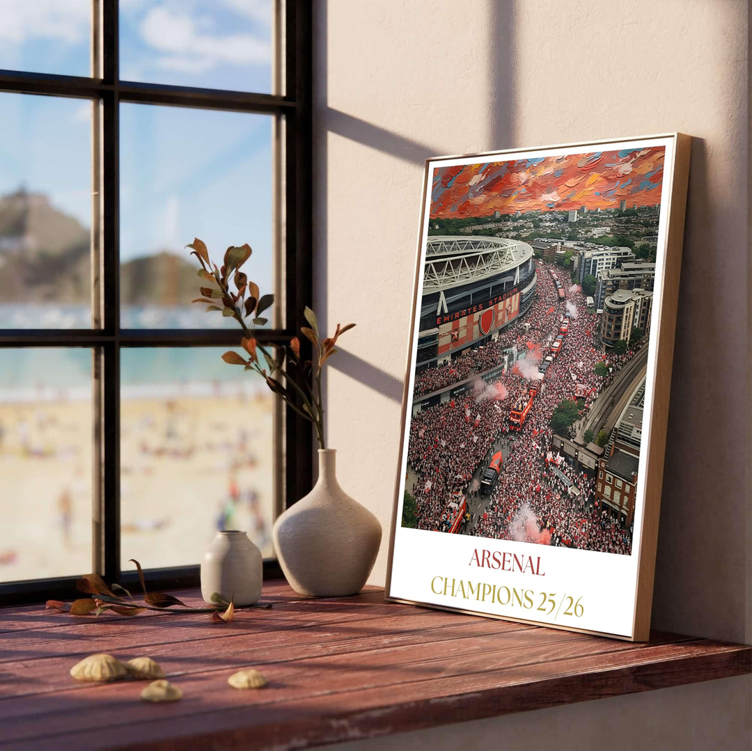 Rich impasto style fine art print showing the Arsenal 25/26 Premier League Champions victory parade around Emirates Stadium, offered as an unframed print, framed picture, or canvas wall decor for sports fans.