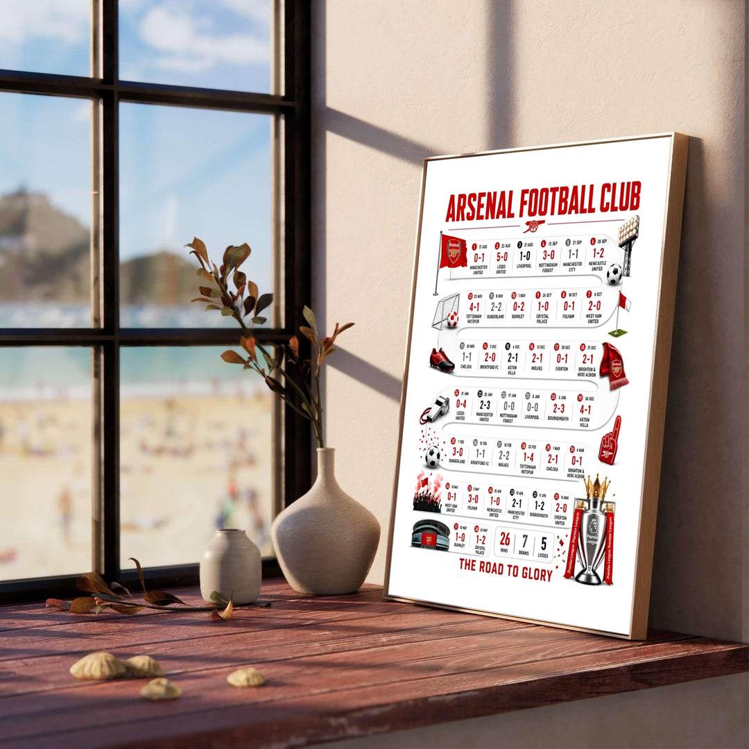 Modern sports infographic art print displaying complete home and away Arsenal match results alongside trophy illustrations, available as unframed prints, framed wall art, or canvas prints for home office setups.