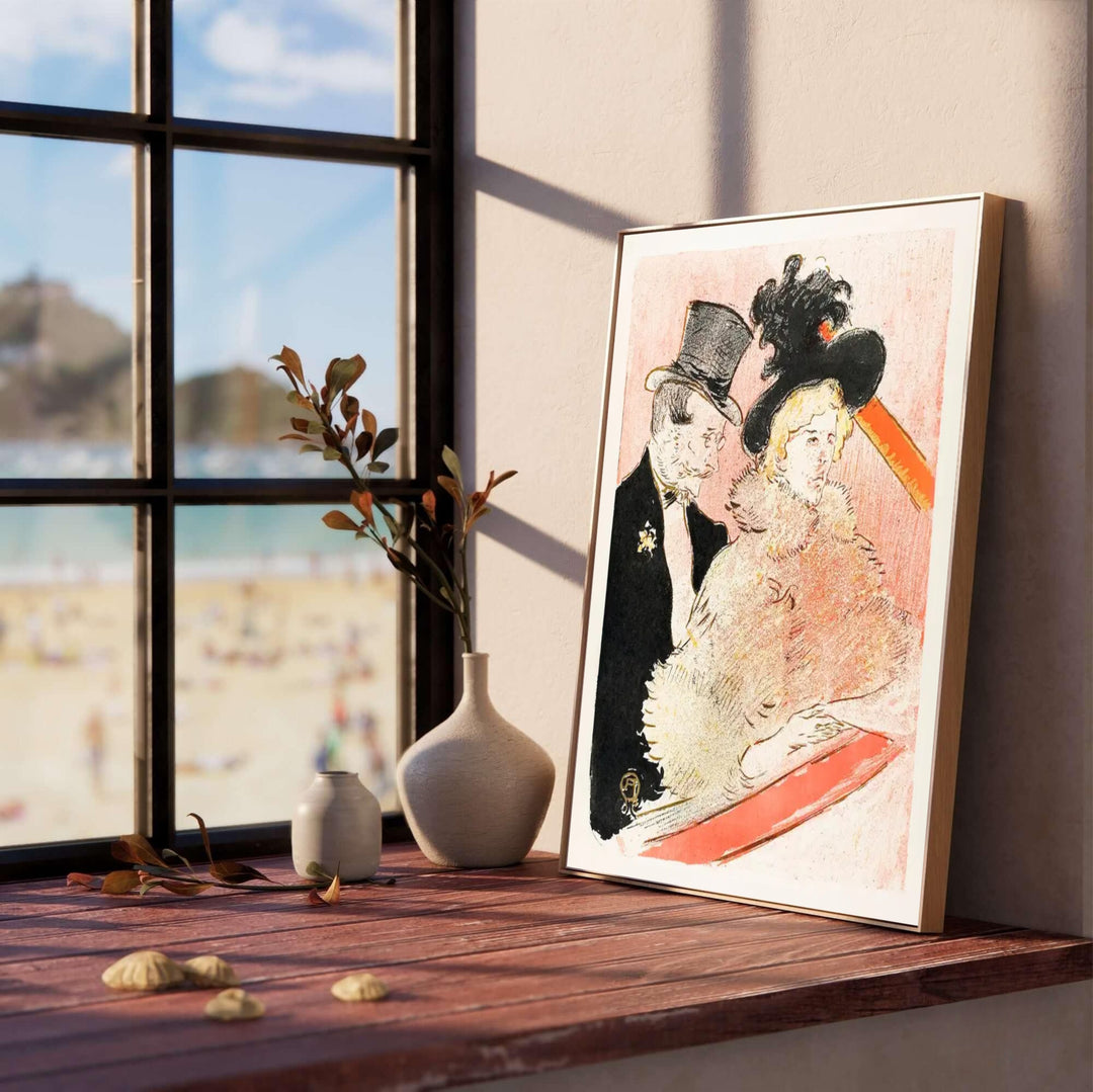 Historic lithograph artwork At The Concert (1896), Henri de Toulouse-Lautrec highlights soft pink pastel tones set in a grand auditorium in Paris, France. MapYourDreams features high-quality framed wall decor, unframed poster prints, and stretched canvas formats for classic interiors.