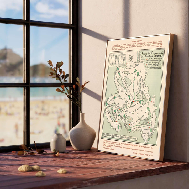 Vintage cartography art print of the Augusta Georgia golf course displaying tree lines, bunkers, and green routing paths. Offered by MapYourDreams, this artwork is available in flexible options including unframed paper, custom wooden frames, and gallery canvas wraps for tailored home wall decor setups.
