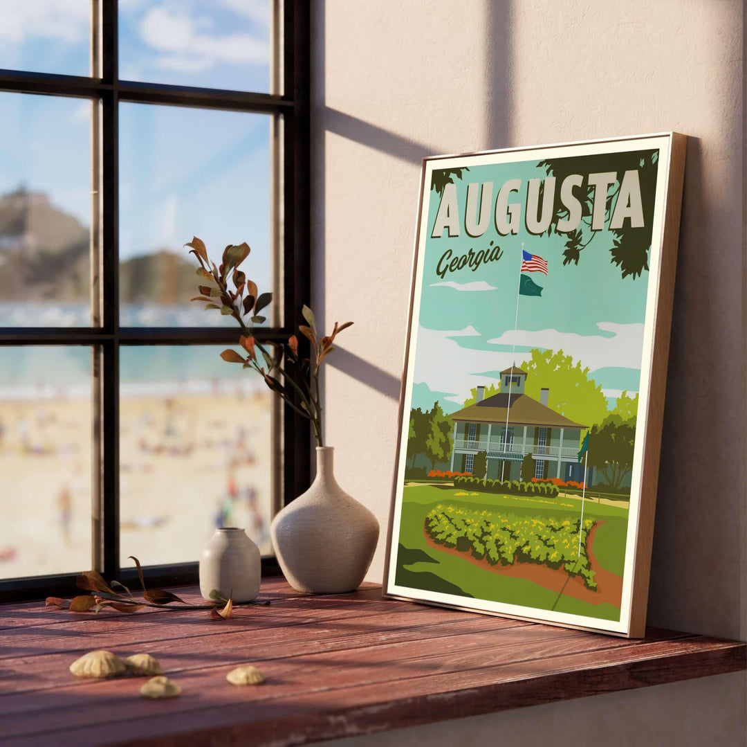 Historic Augusta Georgia clubhouse art print displaying classic Southern architecture and lush golf course landscaping. Offered by MapYourDreams, this artwork is available in flexible options including unframed paper, custom wooden frames, and gallery canvas wraps for tailored home wall decor setups.