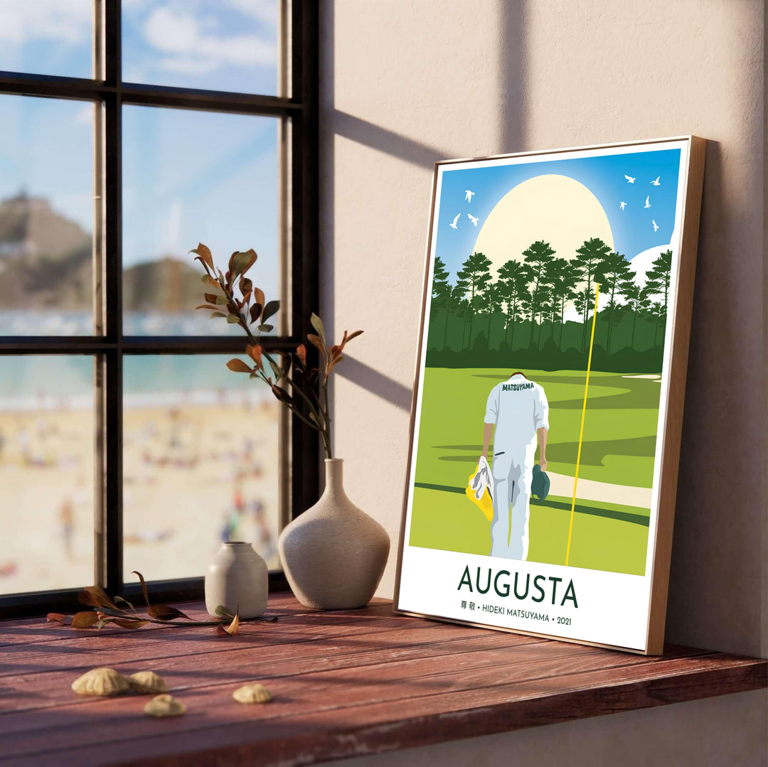 Scenic Augusta National Golf Course poster featuring a caddie in white wearing Matsuyama&