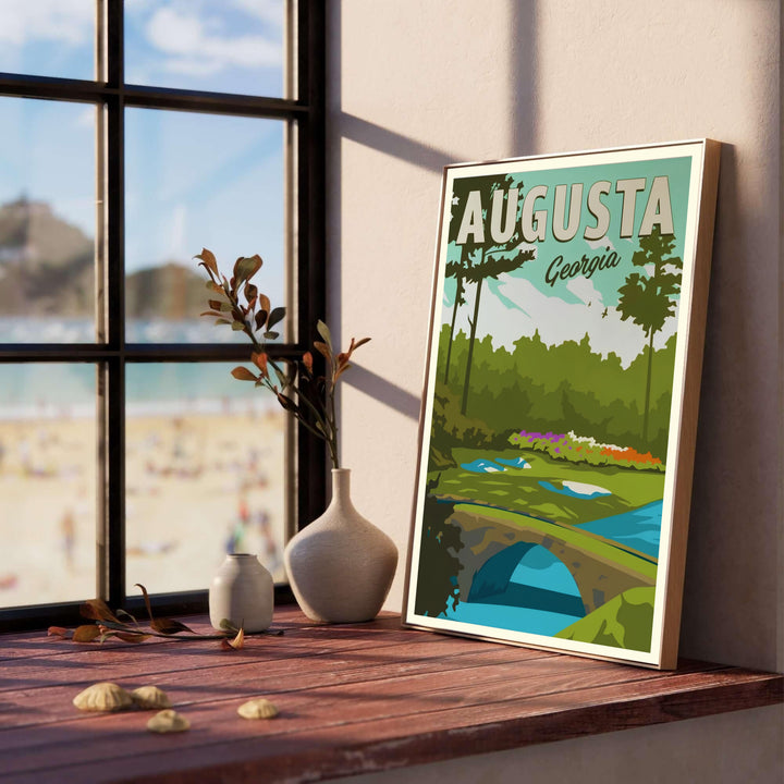 Vintage style Augusta National Golf Course poster featuring the stone Hogan Bridge, Rae&