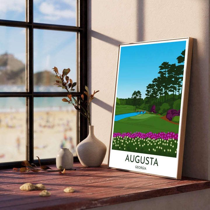 Vibrant vector landscape print of Augusta Georgia highlighting lush fairways, electric blue water, and blooming azalea gardens in a sleek contemporary travel poster style. Offered by MapYourDreams, this artwork is available in flexible options including unframed paper, custom wooden frames, and gallery canvas wraps for tailored home wall decor setups.