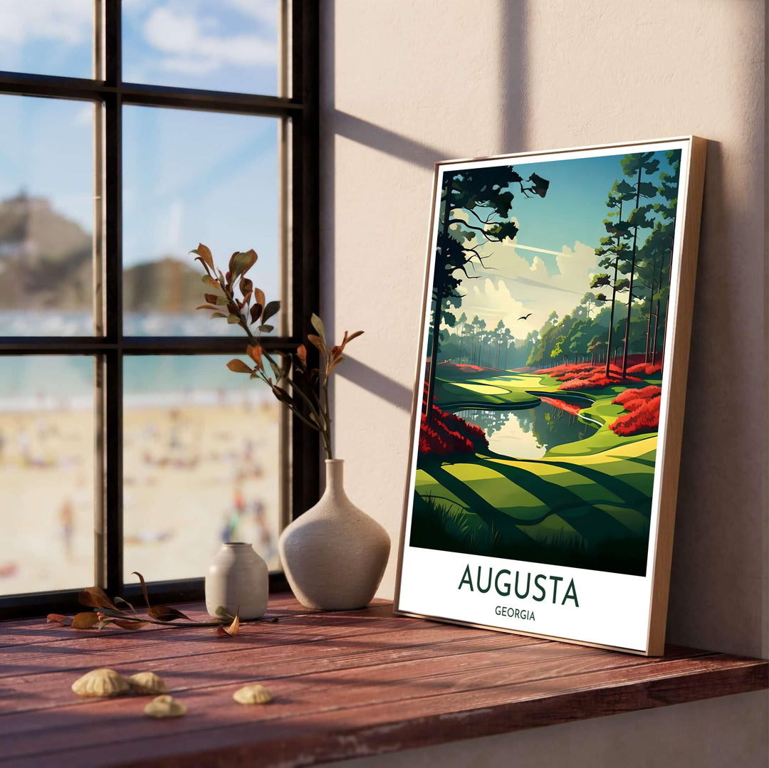 Illustrative landscape golf print of Augusta Georgia capturing soaring loblolly pine trees, soft cloud formations, and rich red azalea bushes. Offered by MapYourDreams, this artwork is available in flexible options including unframed paper, custom wooden frames, and gallery canvas wraps for tailored home wall decor setups.
