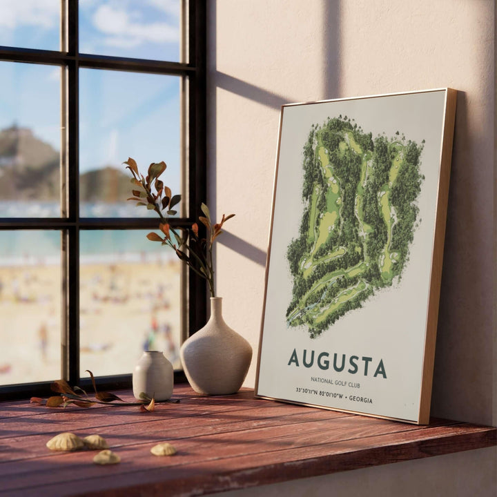Organic landscape satellite print of Augusta Georgia displaying rich evergreen forest clusters and light green fairway corridors in a modern botanical aesthetic. Offered by MapYourDreams, this artwork is available in flexible options including unframed paper, custom wooden frames, and gallery canvas wraps for tailored home wall decor setups.