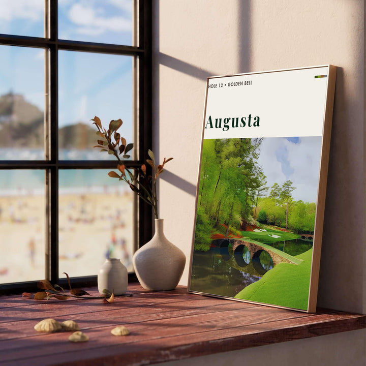 Realist landscape golf print of Augusta Georgia capturing soft daylight filtering over Hogan Bridge, smooth turf, and background pine trees. Offered by MapYourDreams, this artwork is available in flexible options including unframed paper, custom wooden frames, and gallery canvas wraps for tailored home wall decor setups.