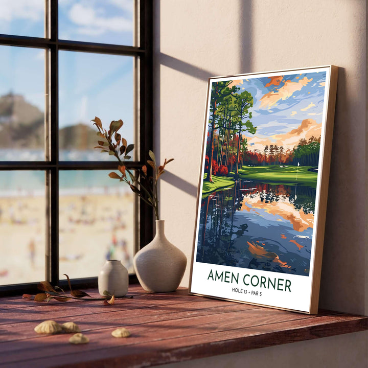 Vector style landscape golf print capturing dramatic evening sky shades of peach, sky blue, and white above the dense forest line in Augusta Georgia. Offered by MapYourDreams, this artwork is available in flexible options including unframed paper, custom wooden frames, and gallery canvas wraps for tailored home wall decor setups.