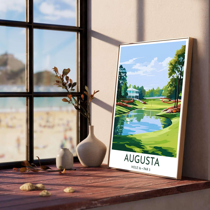 Vector style landscape golf print capturing bright blue skies, light cumulus clouds, and deep green shadows across the Hole 16 putting green in Augusta Georgia. Offered by MapYourDreams, this artwork is available in flexible options including unframed paper, custom wooden frames, and gallery canvas wraps for tailored home wall decor setups.