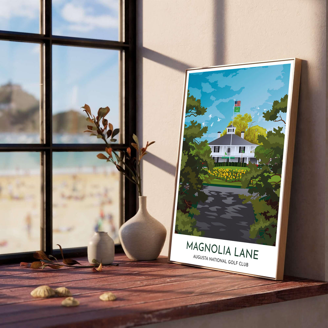 Augusta National Golf Club wall art depicting the famous Founders Circle yellow flower bed, iconic white clubhouse building, and cupola in Augusta Georgia. Offered by MapYourDreams, this artwork is available in flexible options including unframed paper, custom wooden frames, and gallery canvas wraps for tailored home wall decor setups.