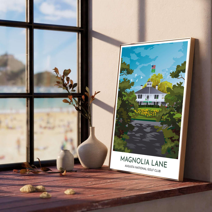 Augusta National Golf Club wall art depicting the famous Founders Circle yellow flower bed, iconic white clubhouse building, and cupola in Augusta Georgia. Offered by MapYourDreams, this artwork is available in flexible options including unframed paper, custom wooden frames, and gallery canvas wraps for tailored home wall decor setups.