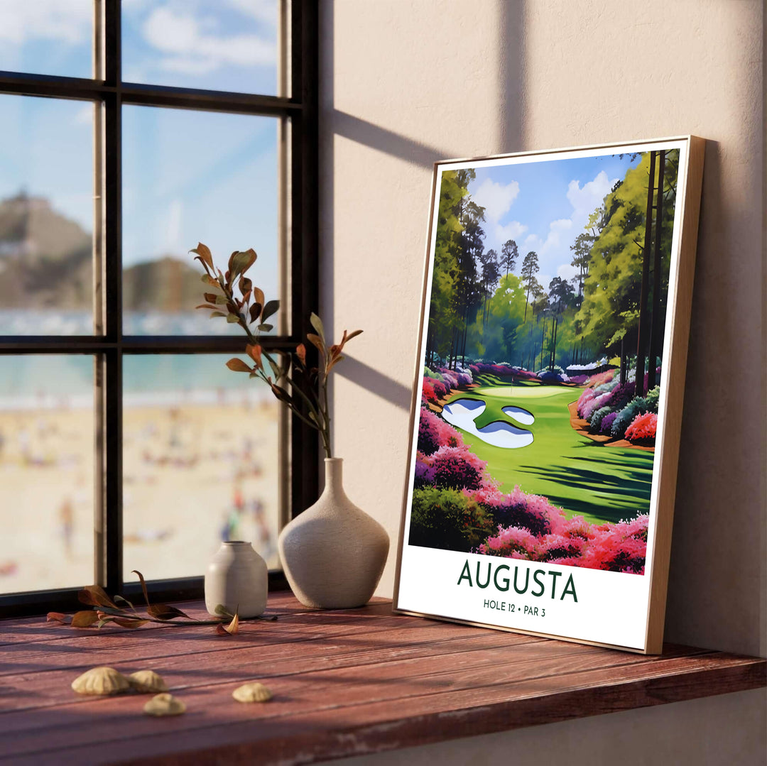 Painterly Impressionist style landscape golf print capturing sunlit blue skies, soft cumulus clouds, and deep forest shadows across the Hole 12 putting surface in Augusta Georgia. Offered by MapYourDreams, this artwork is available in flexible options including unframed paper, custom wooden frames, and gallery canvas wraps for tailored home wall decor setups.