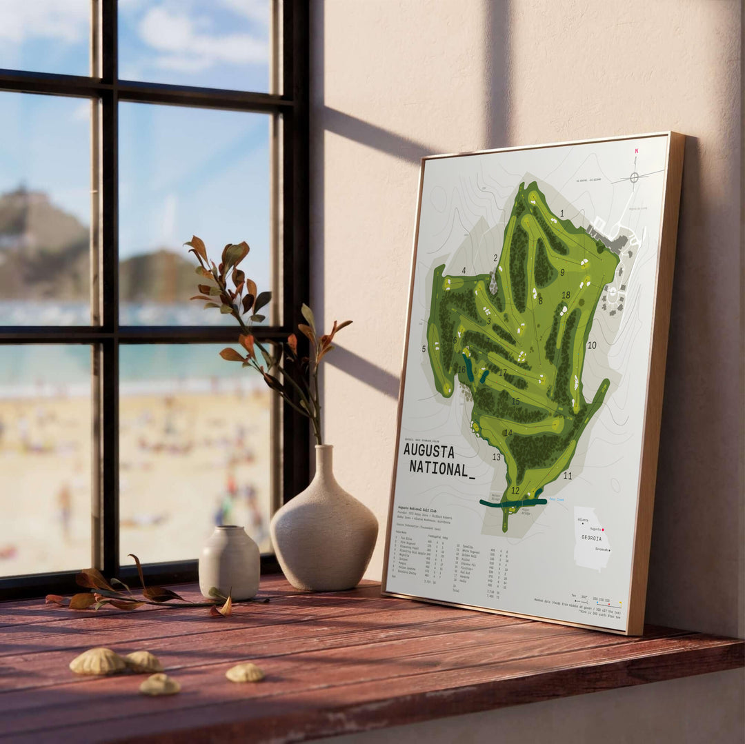 Precise cartographic print of Augusta National Golf Course in Georgia highlighting fairways, sand bunkers, water features, and clubhouse placement on a clean off-white background. Offered by MapYourDreams, this artwork is available in flexible options including unframed paper, custom wooden frames, and gallery canvas wraps.