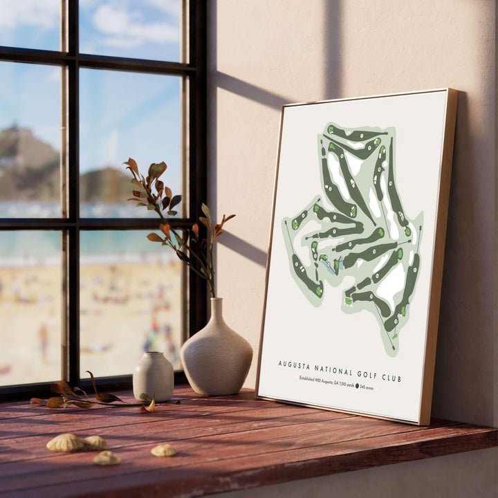 Contemporary golf course silhouette artwork of Augusta National Golf Club set against a warm beige background with deep green fairways and bright green putting surfaces. Offered by MapYourDreams, this artwork is available in flexible options including unframed paper, custom wooden frames, and gallery canvas wraps.