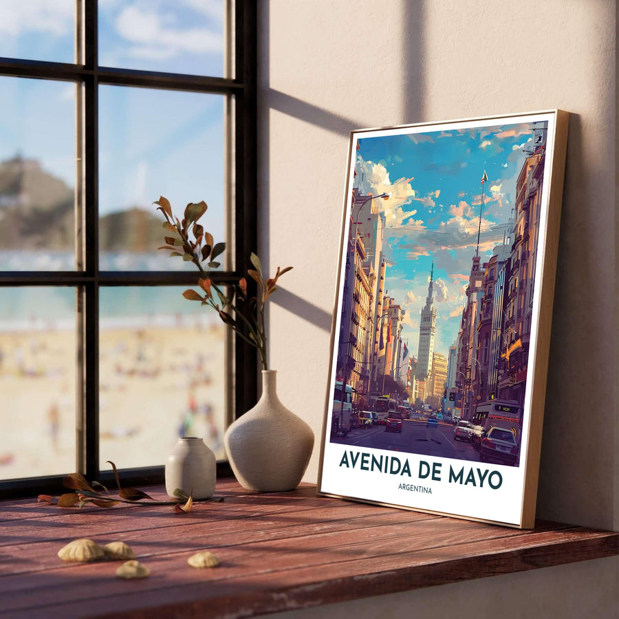 Vibrant streetscape print of Avenida de Mayo in Argentina featuring classic European-style architecture and floating cumulus clouds. Offered in the MapYourDreams collection, this artwork adapts to any room layout in unframed paper, solid wood frames, or canvas formats.