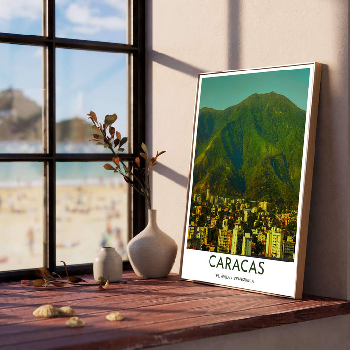 Scenic urban landscape print illustrating the bustling capital city of Caracas nestled directly against the towering Ávila mountain range. Produced by MapYourDreams, you can order this design on fine art paper, mounted in protective frames, or as a canvas display.