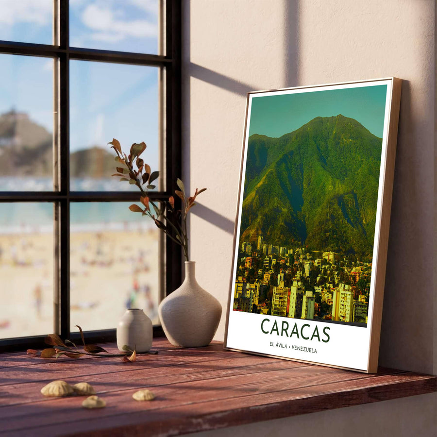 Scenic urban landscape print illustrating the bustling capital city of Caracas nestled directly against the towering Ávila mountain range. Produced by MapYourDreams, you can order this design on fine art paper, mounted in protective frames, or as a canvas display.