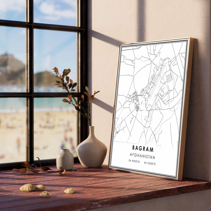 Minimalist geographic line map print of Bagram Afghanistan with double border matting and precise latitude and longitude text, offered by MapYourDreams as an unframed fine art poster, stretched canvas print wall art, or custom framed print in retro black and natural frames for study spaces.