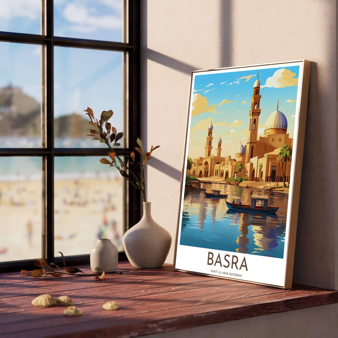 Vintage style river landscape poster of Basra Iraq showing blue mosque domes, minarets, and palms reflected in water. Designed by MapYourDreams, this artwork is available in flexible options including unframed paper, custom wooden frames, and gallery canvas wraps for home wall art.