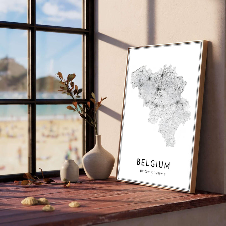 Detailed road network wall decor showcasing the transportation infrastructure of Belgium, with major cities like Brussels and Antwerp highlighted by dense line clusters. Offered by MapYourDreams, this artwork is available in flexible options including unframed paper, custom wooden frames, and gallery canvas wraps.