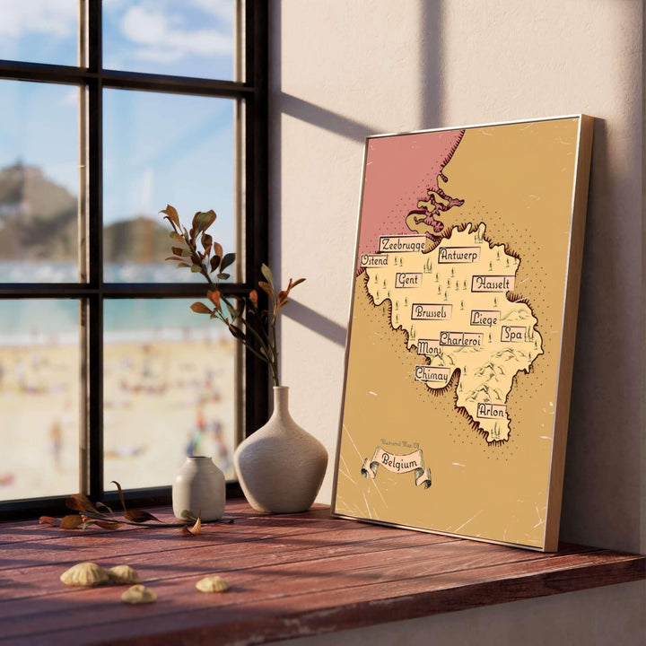 Detailed illustrated geography wall art representing the regions and towns of Belgium, designed with antique parchment textures and soft rose background hues. Offered by MapYourDreams, this artwork is available in flexible options including unframed paper, custom wooden frames, and gallery canvas wraps.