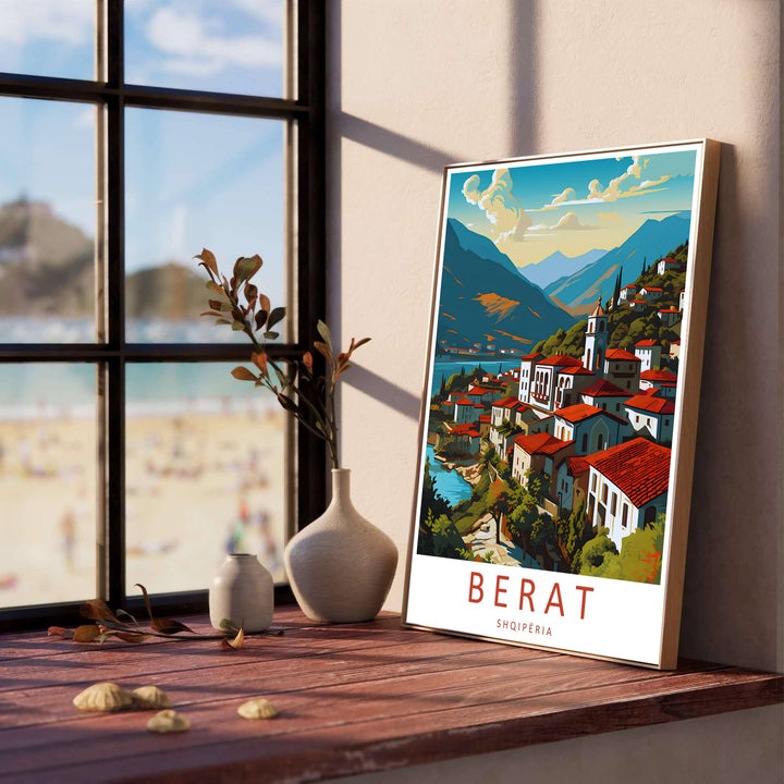 Eye-catching Berat travel print of Albania created with archival matte materials to preserve vibrant red roofs and blue skies over time without fading. Offered by MapYourDreams, this artwork is available in flexible options including unframed paper, custom wooden frames, and gallery canvas wraps.