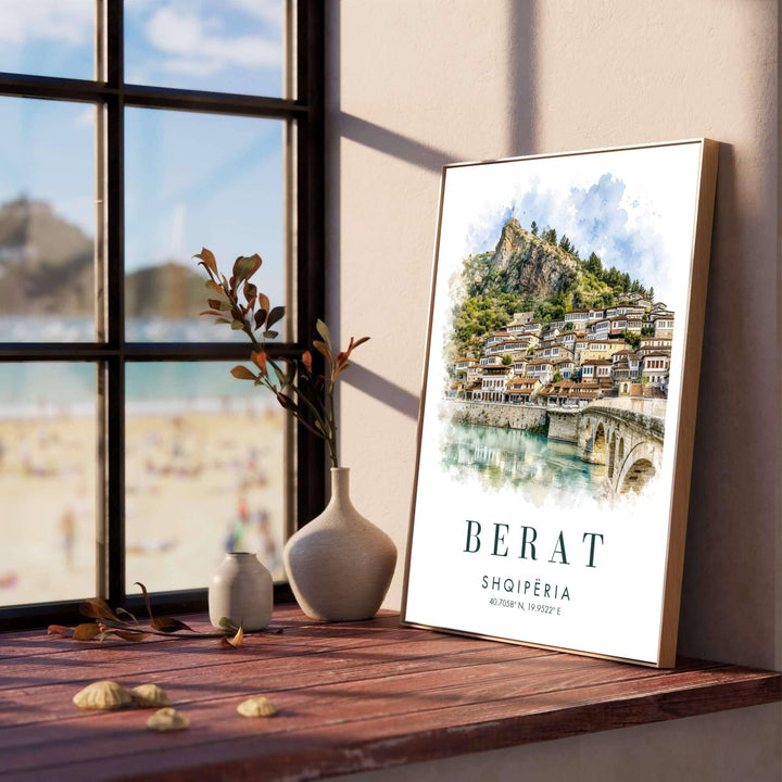 Eye-catching Berat watercolor print of Albania created with archival matte materials to preserve gentle blue skies and river tones over time. Offered by MapYourDreams, this artwork is available in flexible options including unframed paper, custom wooden frames, and gallery canvas wraps.