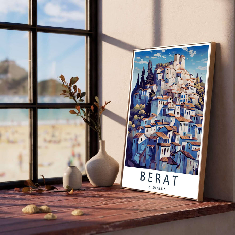 Capturing the iconic Mangalem quarter and hilltop watchtower in clean graphic vector lines against a white border, this fine art poster decorates walls. Offered by MapYourDreams, this artwork is available in flexible options including unframed paper, custom wooden frames, and gallery canvas wraps.