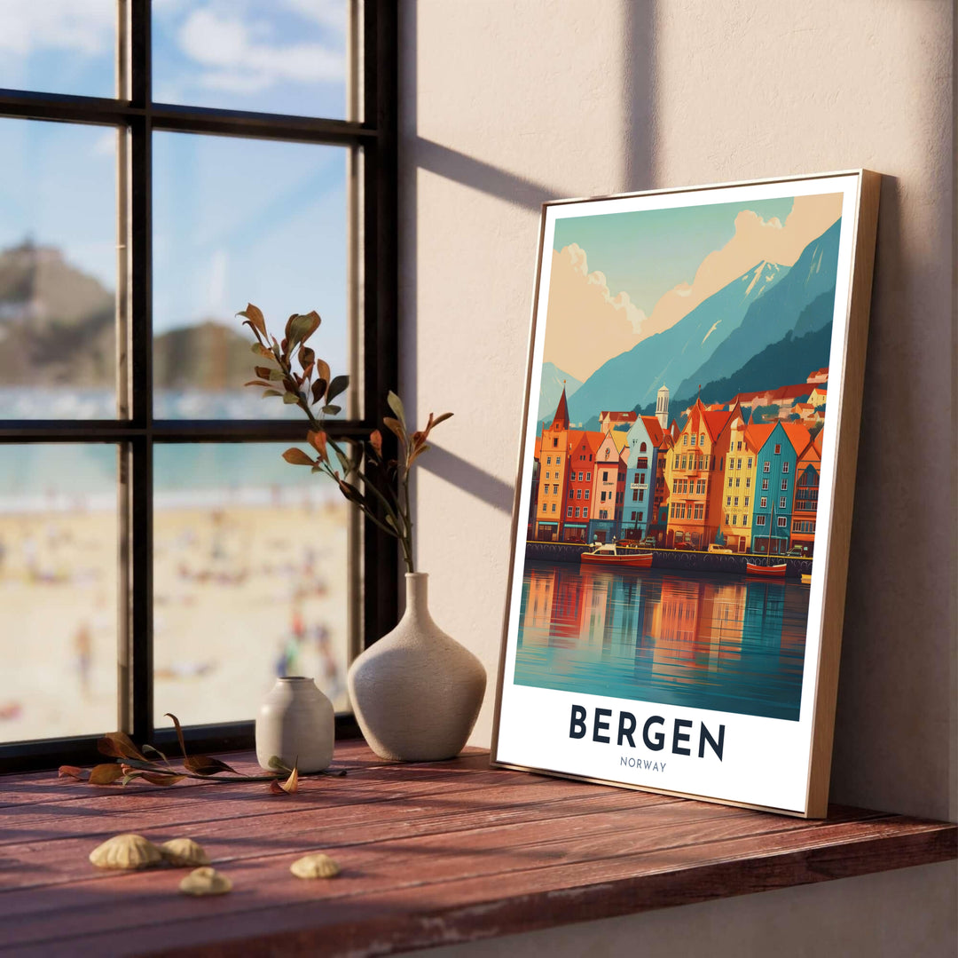 Atmospheric travel illustration showcasing the iconic Bryggen waterfront buildings in Bergen Norway set against majestic mountain slopes and soft sky tones. Designed to inspire wanderlust, this fine art poster comes available as an unframed print, ready to hang framed artwork, or textured canvas piece to match your unique wall art vision.