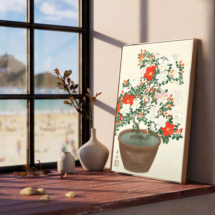 Detailed 1920s Japanese woodblock print of blooming azaleas in a ceramic pot reflecting traditional Kanazawa Japanese garden heritage. MapYourDreams offers fine art framed, unframed, and canvas options.
