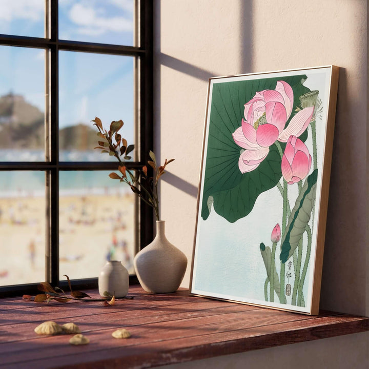 Soft pink blooming lotus flower print inspired by historic Tokyo Shinobazu Pond exhibitions for living room wall decor. Select custom framed, unframed poster, or gallery canvas choices at MapYourDreams.
