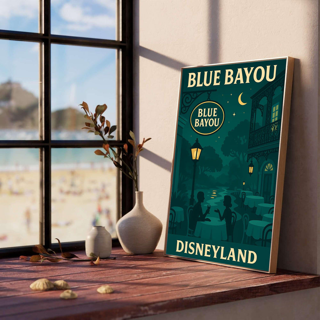 Nocturnal New Orleans Square print featuring crescent moonlight, Spanish moss, and quiet river reflections inside Disneyland&