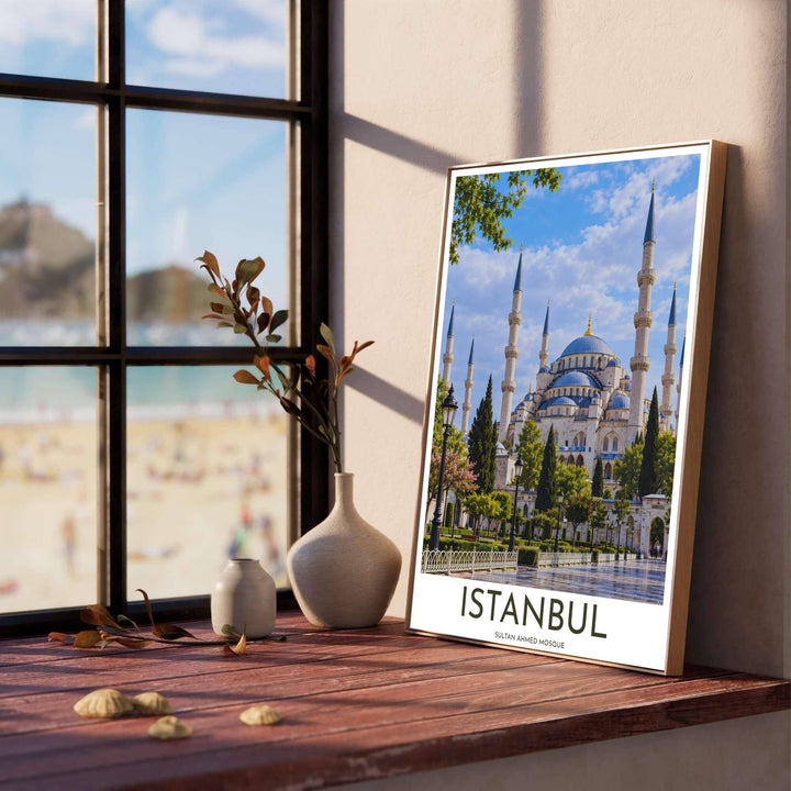 Bright daylight photo art print of the iconic Blue Mosque in Istanbul Turkey with bold Istanbul title typography. Designed by MapYourDreams, this artwork is available in flexible options including unframed paper, custom wooden frames, and gallery canvas wraps for home wall art.