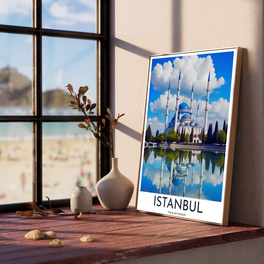 Vibrant blue and white travel art print of the iconic Blue Mosque in Istanbul with bold Istanbul title typography. Designed by MapYourDreams, this artwork is available in flexible options including unframed paper, custom wooden frames, and gallery canvas wraps for home wall art.