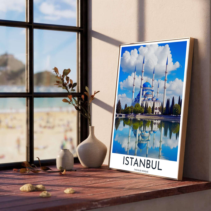 Vibrant blue and white travel art print of the iconic Blue Mosque in Istanbul with bold Istanbul title typography. Designed by MapYourDreams, this artwork is available in flexible options including unframed paper, custom wooden frames, and gallery canvas wraps for home wall art.