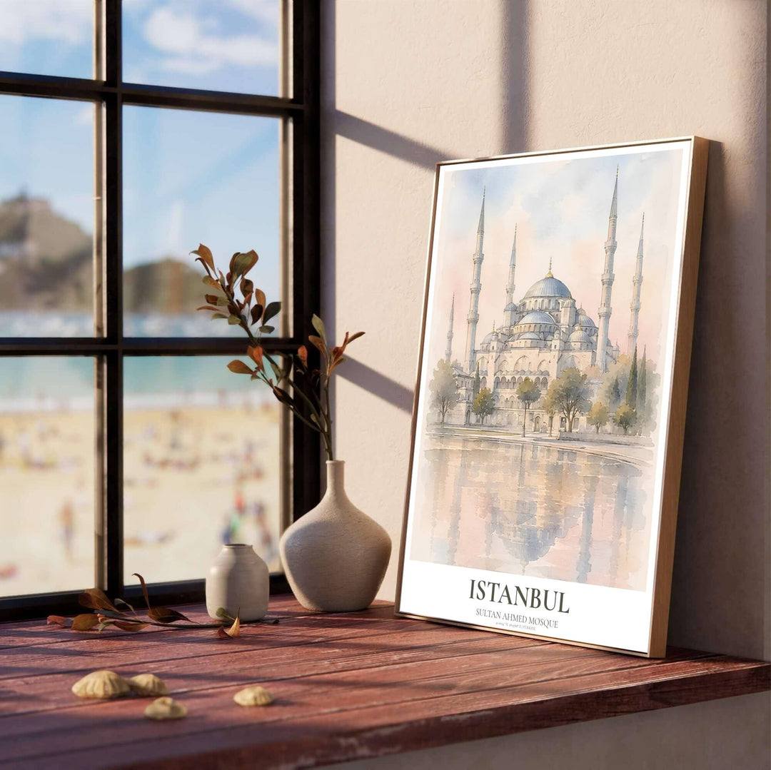 Pastel tone travel art print of the iconic Blue Mosque in Istanbul Turkey with clean serif typography reading Istanbul. Designed by MapYourDreams, this artwork is available in flexible options including unframed paper, custom wooden frames, and gallery canvas wraps for home wall art.