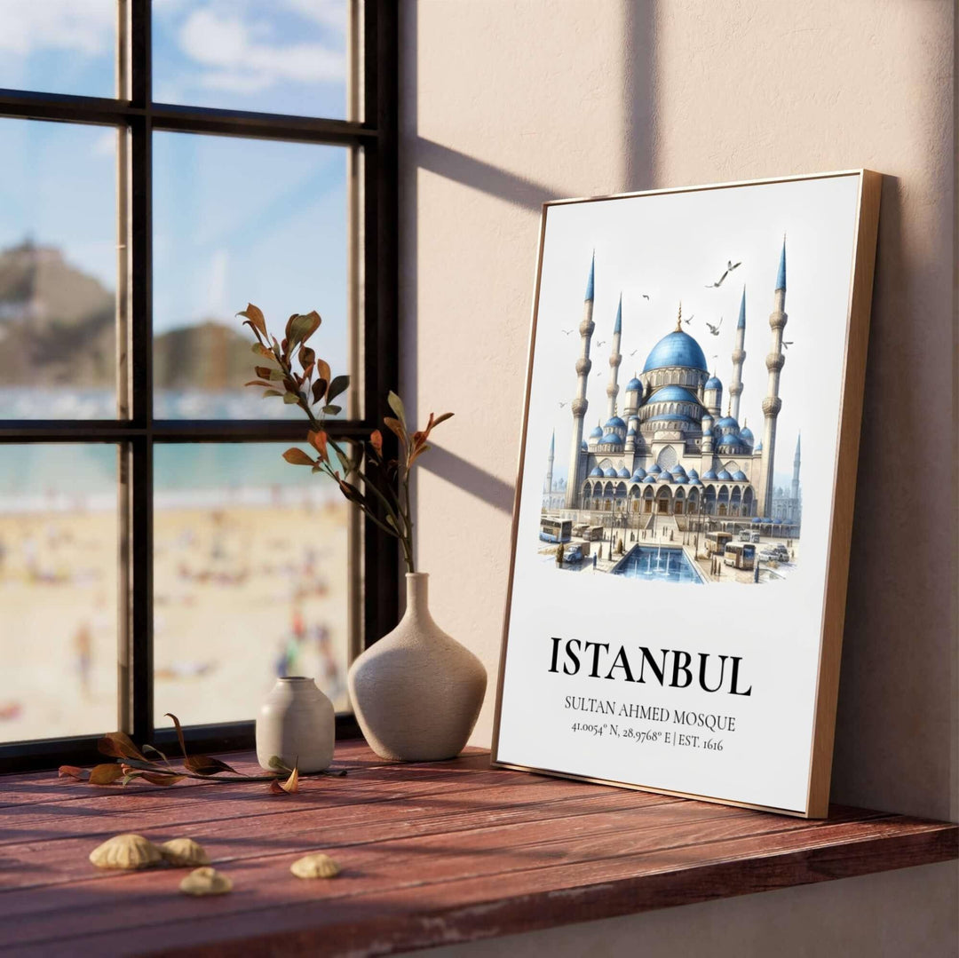 Scenic watercolor print of Istanbul Turkey Blue Mosque with six minarets and geographical coordinates typography. Presented by MapYourDreams, this artwork is available in flexible options including unframed paper, custom wooden frames, and gallery canvas wraps for living room art.