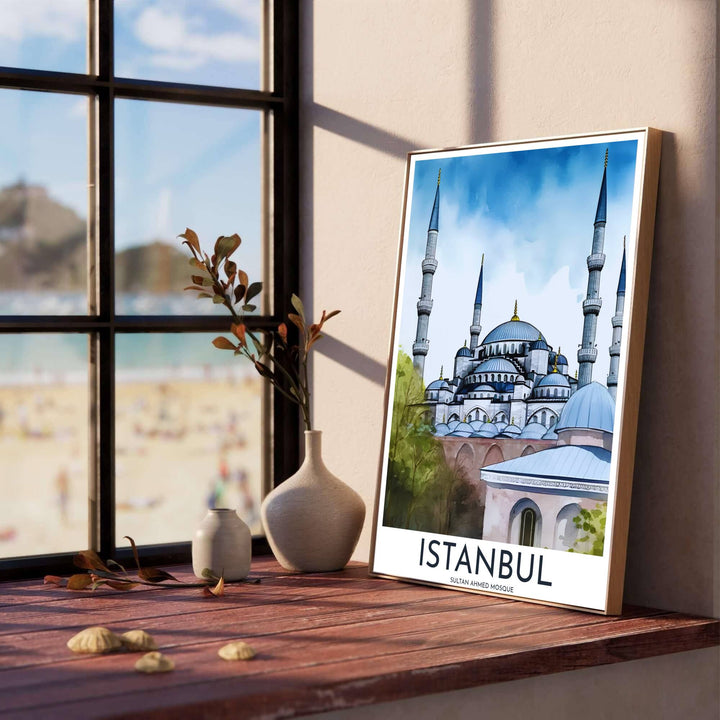Architectural watercolor poster depicting Sultan Ahmed Mosque in Istanbul surrounded by soft olive green foliage. Produced by MapYourDreams, this artwork is available in flexible options including unframed paper, custom wooden frames, and gallery canvas wraps for office wall decor.