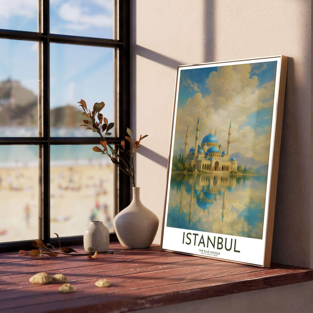 Fine art travel poster of the iconic Blue Mosque in Istanbul Turkey rendered in a classical oil painting style with lake reflection. Designed by MapYourDreams, this artwork is available in flexible options including unframed paper, custom wooden frames, and gallery canvas wraps for home wall art.