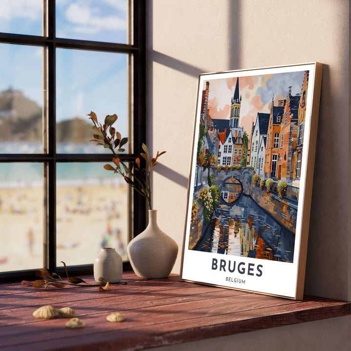 Detailed architectural canal art depicting historic brick buildings and church spires lining a quiet waterway in Bruges, Belgium. Offered by MapYourDreams, this artwork is available in flexible options including unframed paper, custom wooden frames, and gallery canvas wraps.