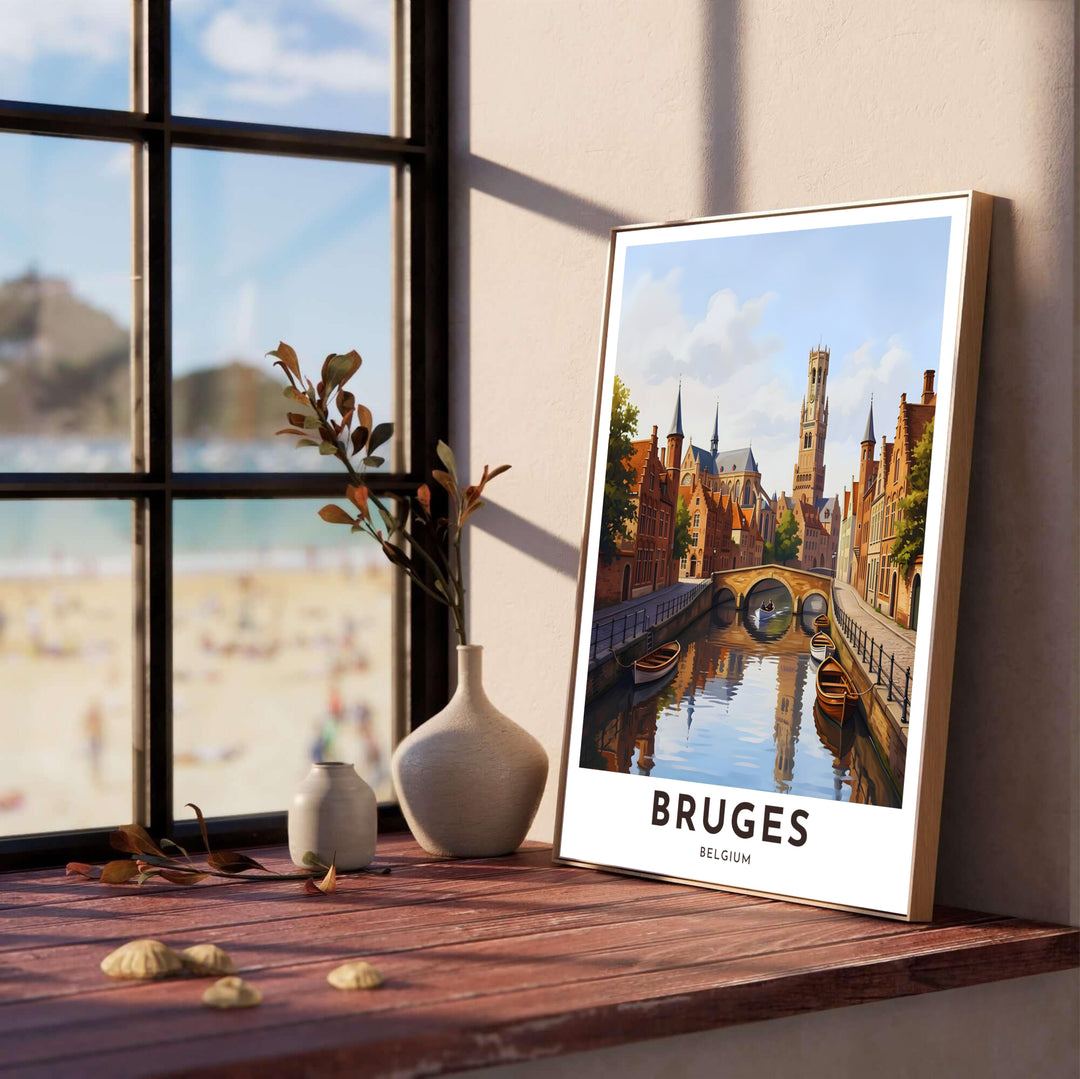 Detailed architectural travel art displaying the medieval Belfry of Bruges and surrounding canal-side buildings in rich terracotta, brown, and sky blue hues. Offered by MapYourDreams, this artwork is available in flexible options including unframed paper, custom wooden frames, and gallery canvas wraps.