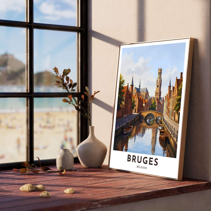 Detailed architectural travel art displaying the medieval Belfry of Bruges and surrounding canal-side buildings in rich terracotta, brown, and sky blue hues. Offered by MapYourDreams, this artwork is available in flexible options including unframed paper, custom wooden frames, and gallery canvas wraps.