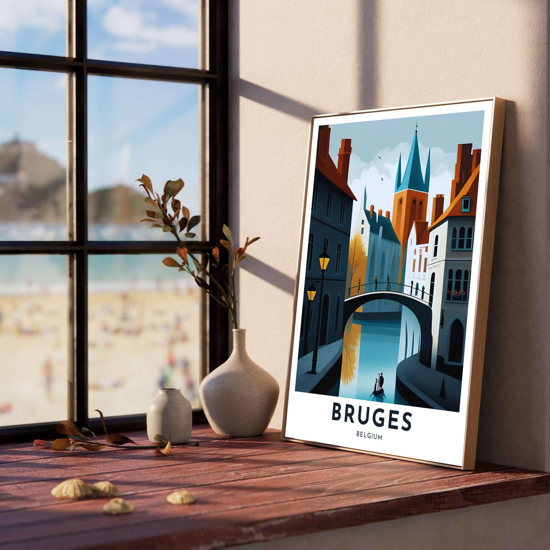 Detailed graphic architecture art displaying the canalways and gabled rooflines of Bruges, Belgium, rendered in bold minimalist vector shapes and deep shadow contrasts. Offered by MapYourDreams, this artwork is available in flexible options including unframed paper, custom wooden frames, and gallery canvas wraps.