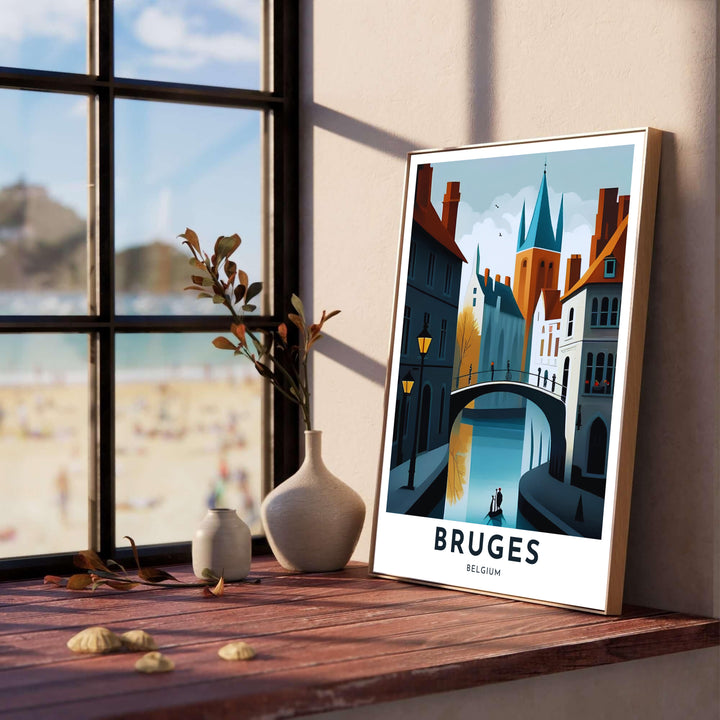 Detailed graphic architecture art displaying the canalways and gabled rooflines of Bruges, Belgium, rendered in bold minimalist vector shapes and deep shadow contrasts. Offered by MapYourDreams, this artwork is available in flexible options including unframed paper, custom wooden frames, and gallery canvas wraps.