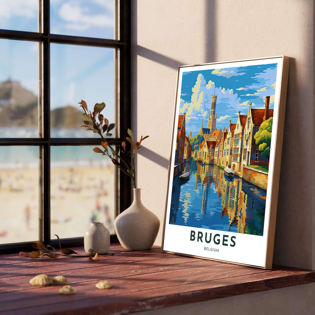 Detailed modern architectural art displaying the medieval Belfry of Bruges and canal-side facades in rich ochre, terracotta, cobalt blue, and golden yellow tones. Offered by MapYourDreams, this artwork is available in flexible options including unframed paper, custom wooden frames, and gallery canvas wraps.