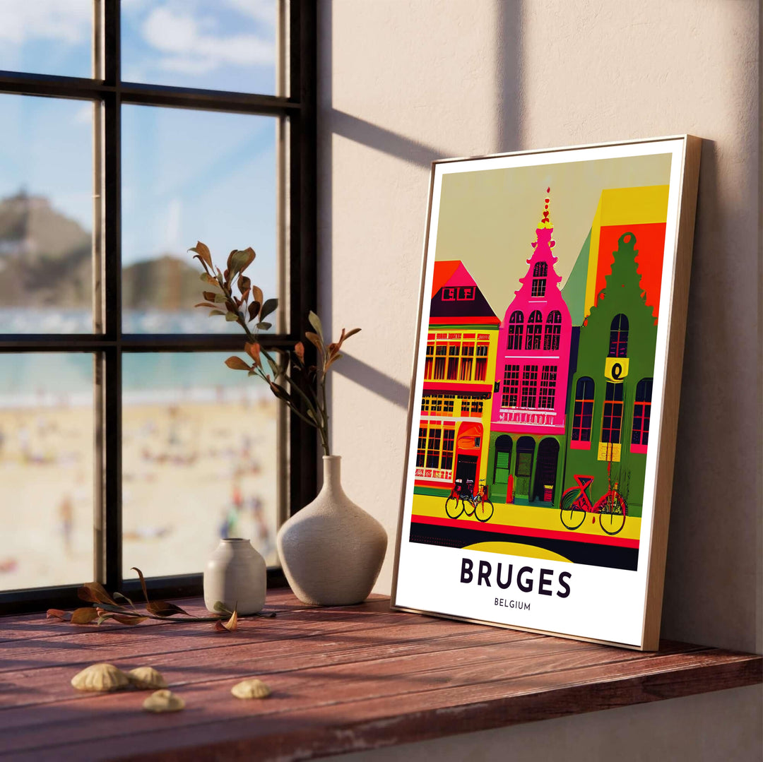 A contemporary graphic travel poster depicting street bicycles and colorful historic townhouses in Bruges, Belgium, in a striking minimalist retro style. Customers can choose from several presentation options including unframed fine art paper, custom wood and metal frames, and gallery wrapped canvas wall decor.
