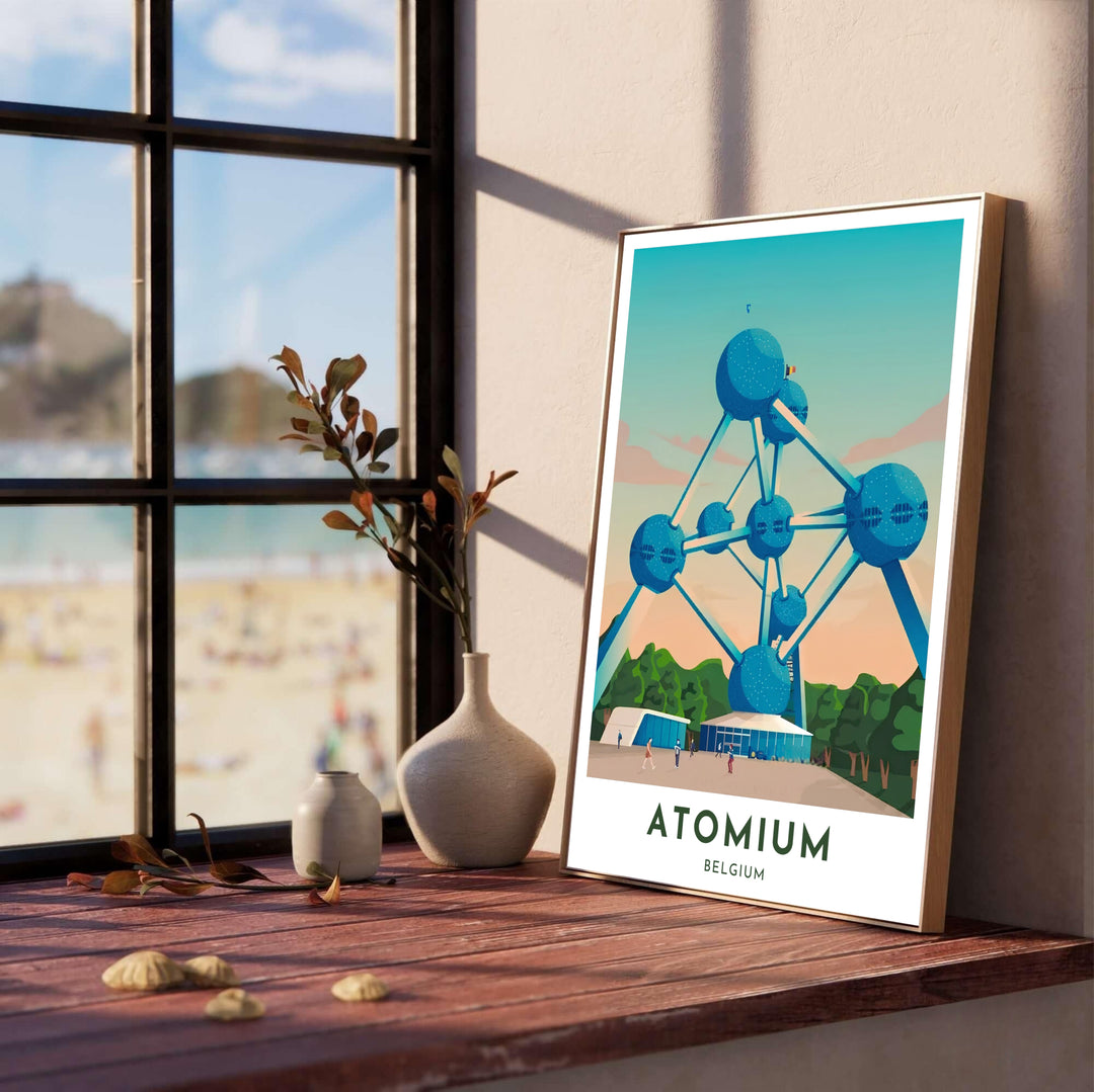 Detailed architectural travel print featuring the Atomium of Brussels, Belgium, set against a warm gradient sky with walking pedestrians in the foreground plaza. Offered by MapYourDreams, this artwork is available in flexible options including unframed paper, custom wooden frames, and gallery canvas wraps.