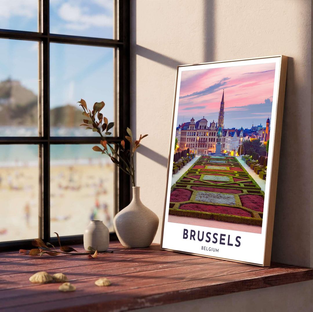 A beautiful photograph of the Mont des Arts garden overlook in Brussels, Belgium, featuring the Town Hall tower rising against dusk colors and clean lower text. Customers can choose from several presentation options including unframed fine art paper, custom wood and metal frames, and gallery wrapped canvas wall decor.